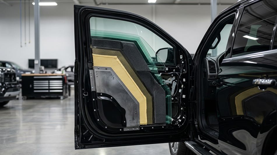 Interior de una camioneta blindada con acabados premium y espacio para transporte ejecutivo.