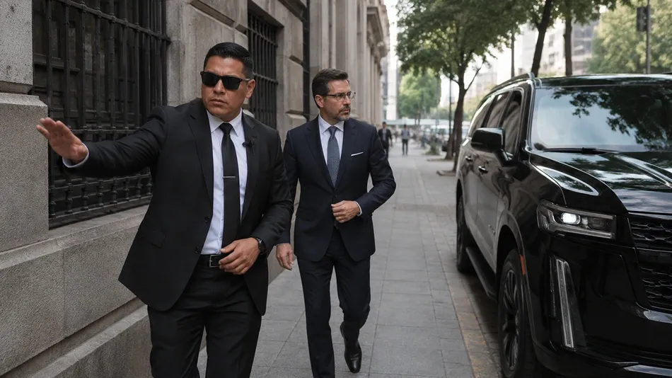 Vehículo de escolta acompañando una camioneta blindada durante un traslado ejecutivo.