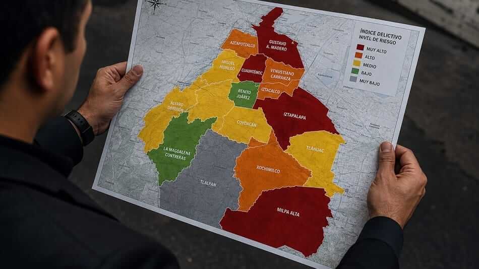 Mapa de riesgo en México con identificación de zonas de mayor incidencia delictiva.